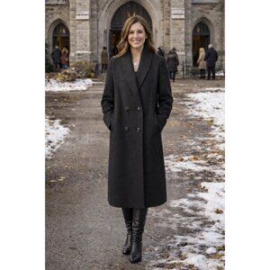 Rare VTG Stephanie Mathews Petite Black Wool Midi Trench Coat 6P Double Breast